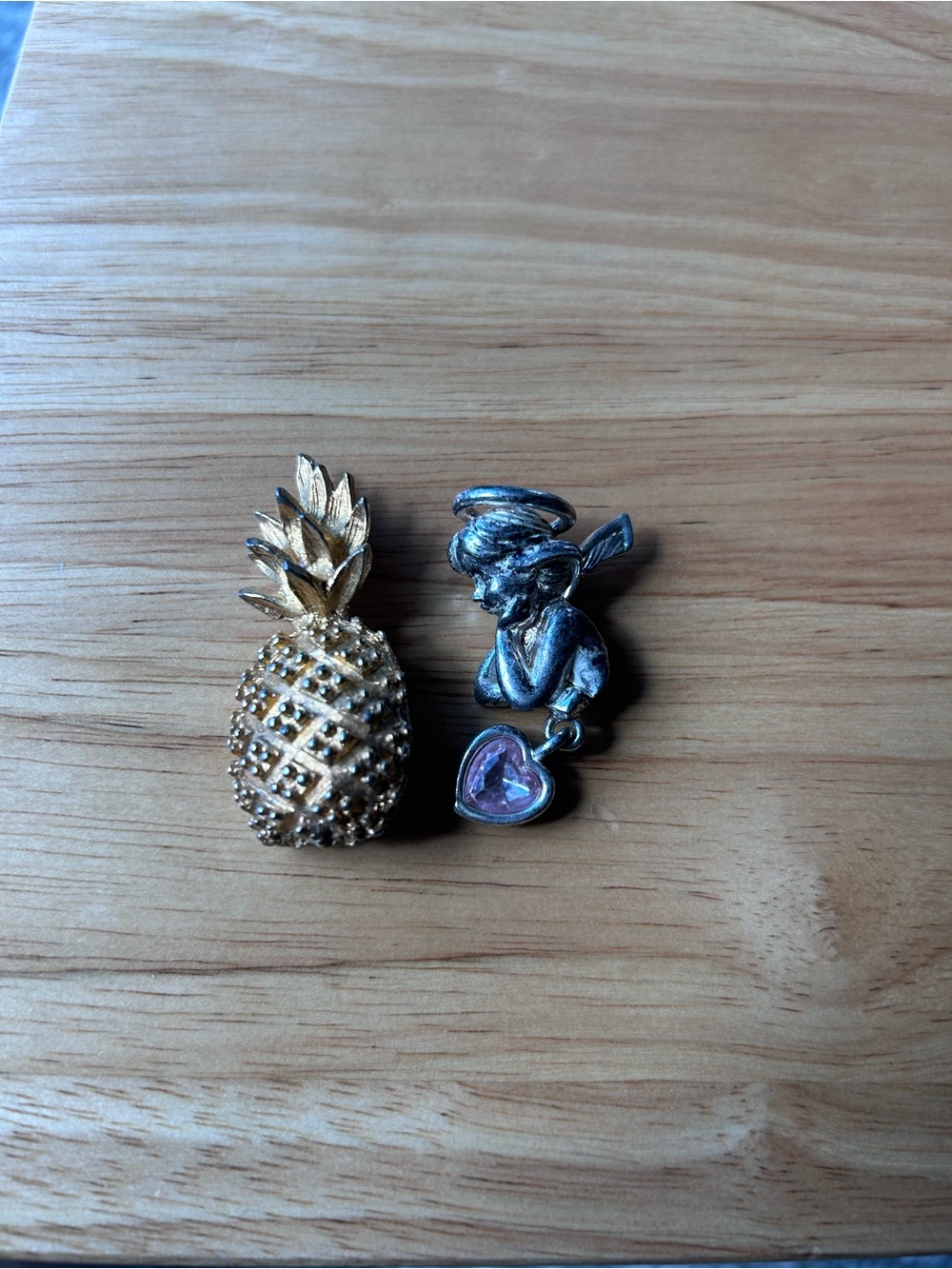 Vintage Gold Pineapple Brooch & Silver Angel Brooch with Pink Heart